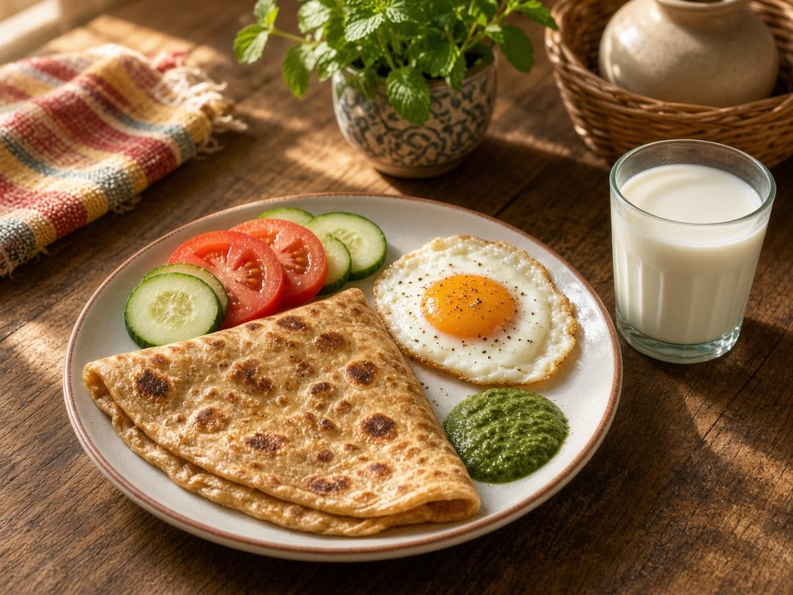 Paratha, fried egg, salad, and milk on a breakfast table