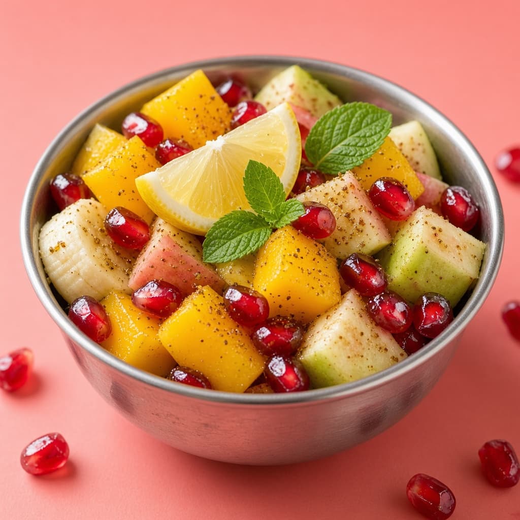 Fruit chaat with mango, guava, and pomegranate