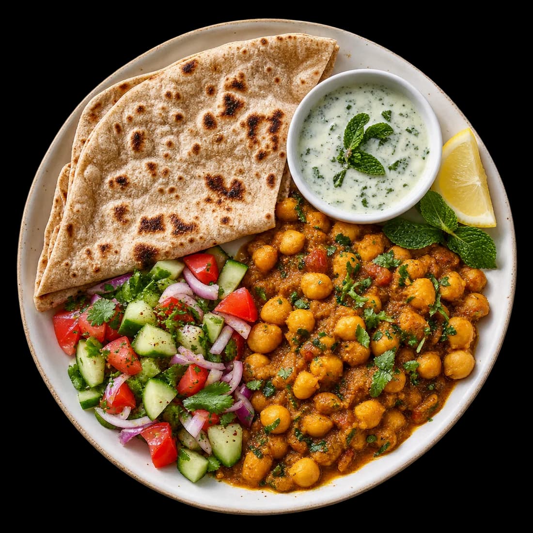 A full plate of roti, chickpeas, kachumber, and mint yogurt