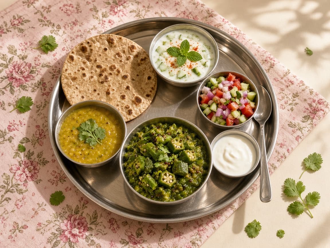 Pakistani home thali with roti, moong daal, bhindi, kachumber, raita, and dahi